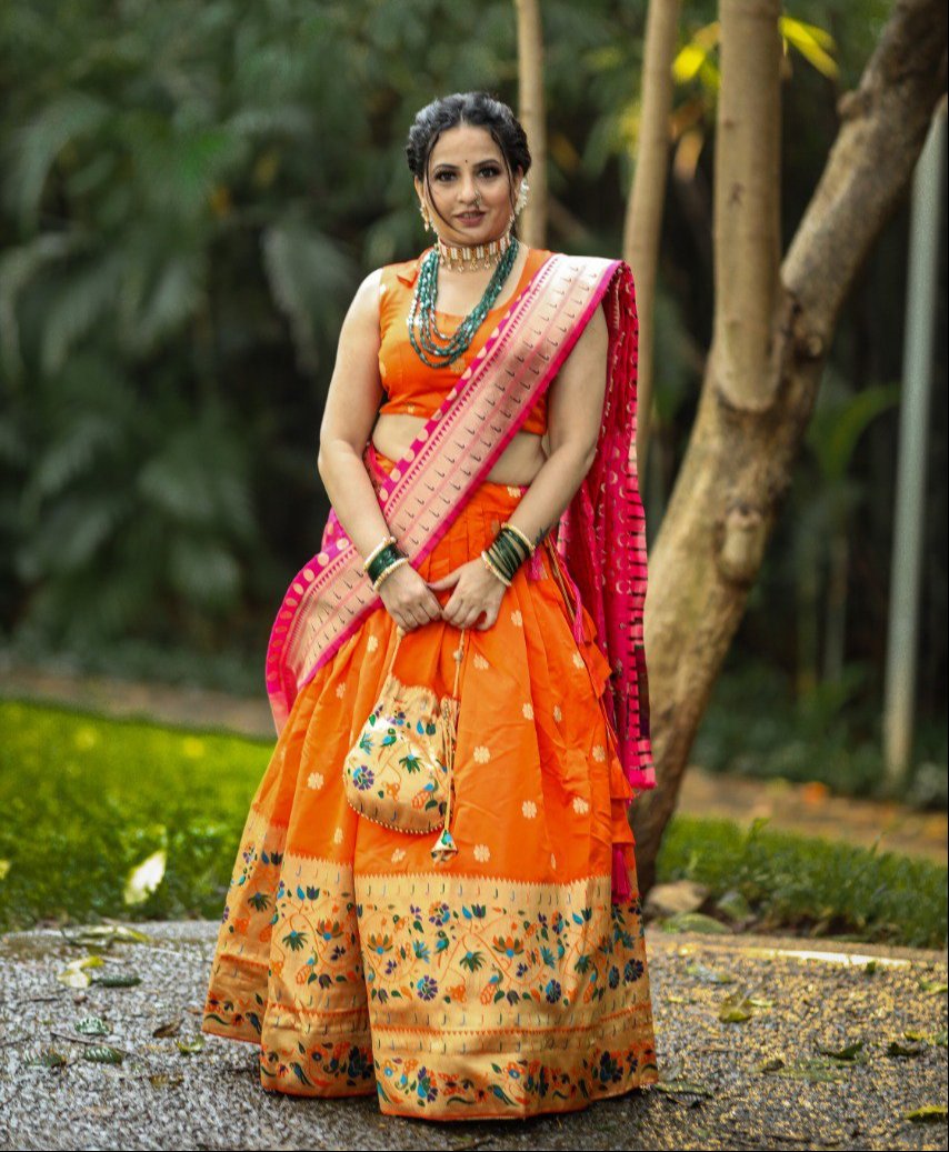 Resplendent Orange Paithani Silk Weaving Zari Worked Lehenga Choli - INDIAN ELEGANCE