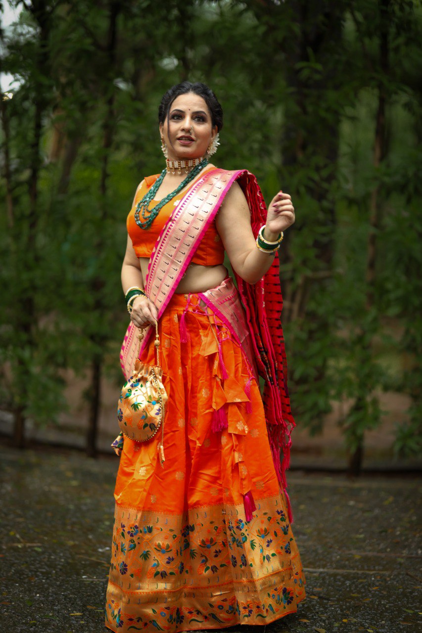 Resplendent Orange Paithani Silk Weaving Zari Worked Lehenga Choli - INDIAN ELEGANCE