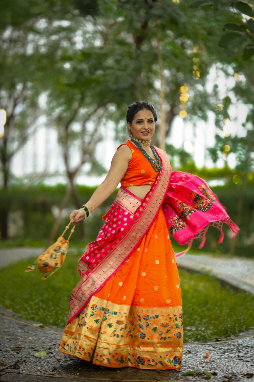 Resplendent Orange Paithani Silk Weaving Zari Worked Lehenga Choli - INDIAN ELEGANCE