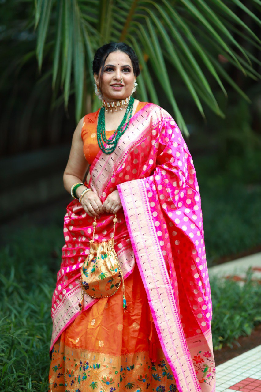 Resplendent Orange Paithani Silk Weaving Zari Worked Lehenga Choli - INDIAN ELEGANCE