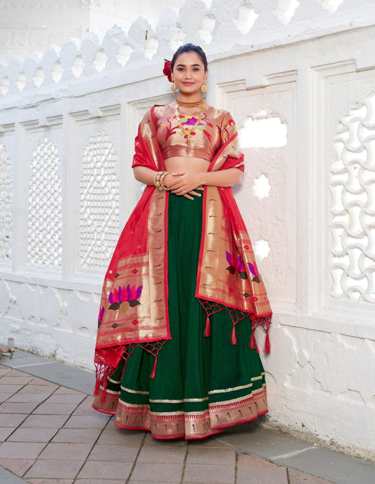 Appealing Vichitra Silk Paithani Lace Border Worked Lehenga Choli - INDIAN ELEGANCE
