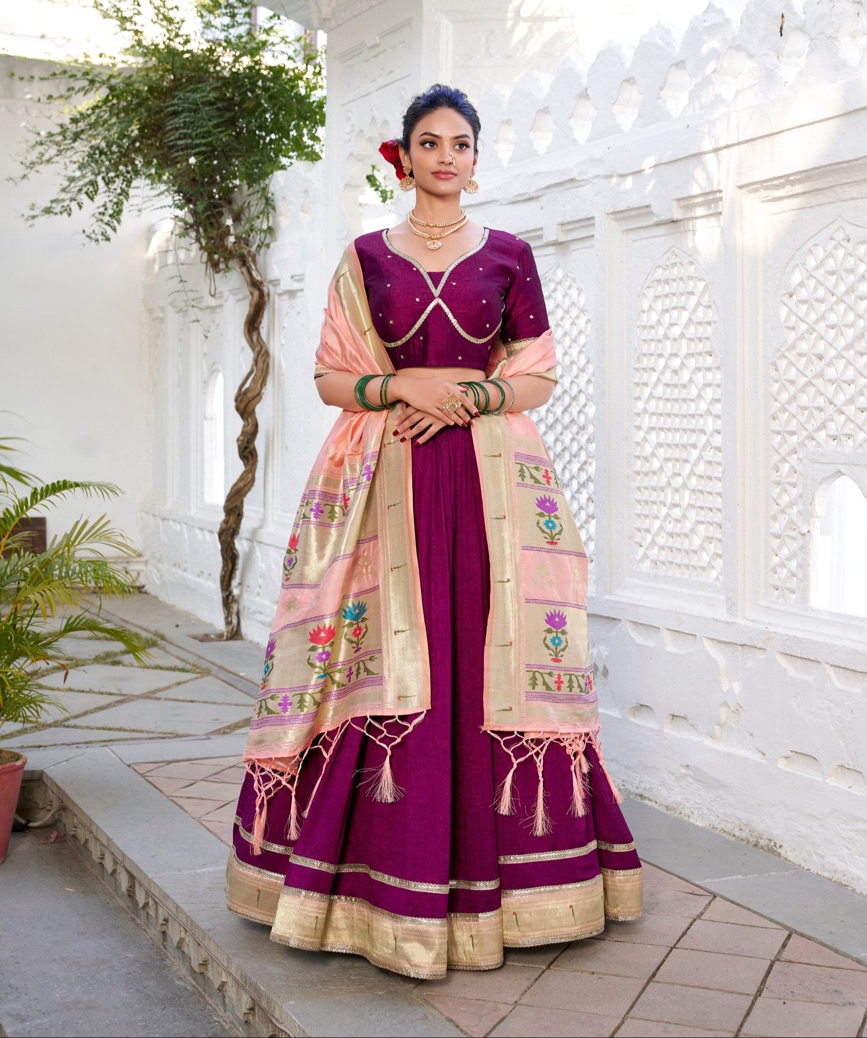 Exquisite Wine Vichitra Silk Paithani Lace Border Worked Lehenga Choli - INDIAN ELEGANCE