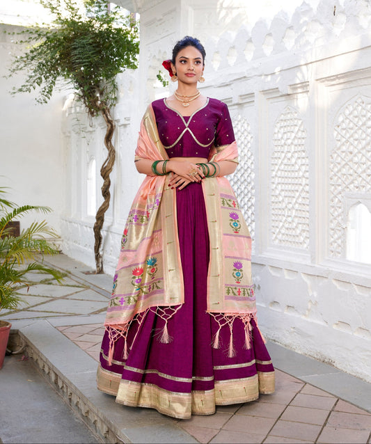 Exquisite Wine Vichitra Silk Paithani Lace Border Worked Lehenga Choli - INDIAN ELEGANCE