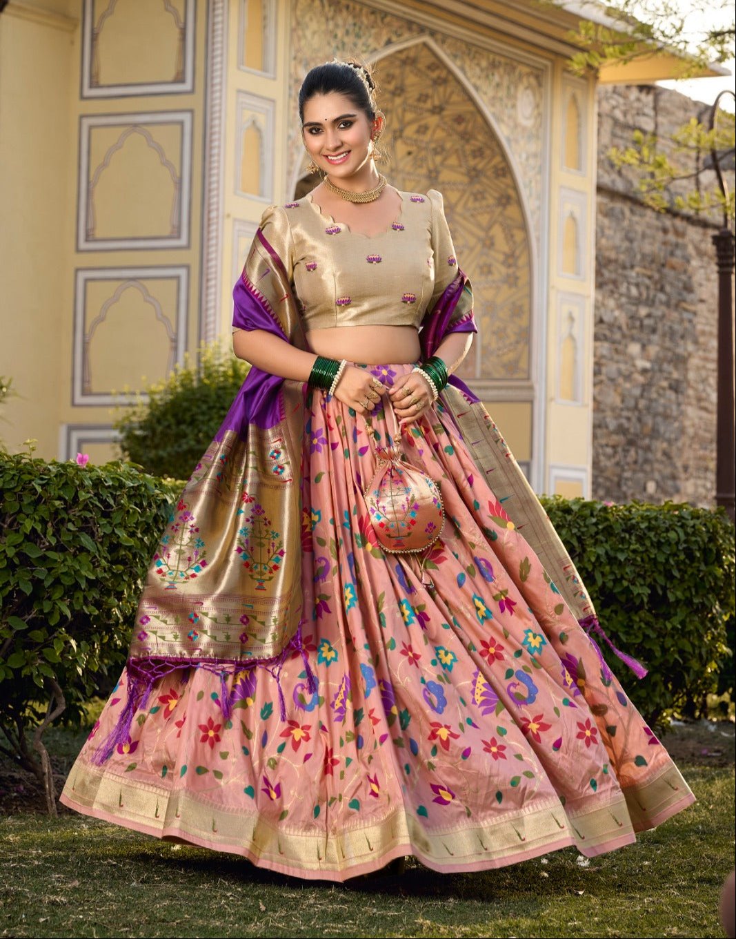 Enamoring Peach Jacquard Silk Weaving Zari Worked Lehenga Choli - INDIAN ELEGANCE