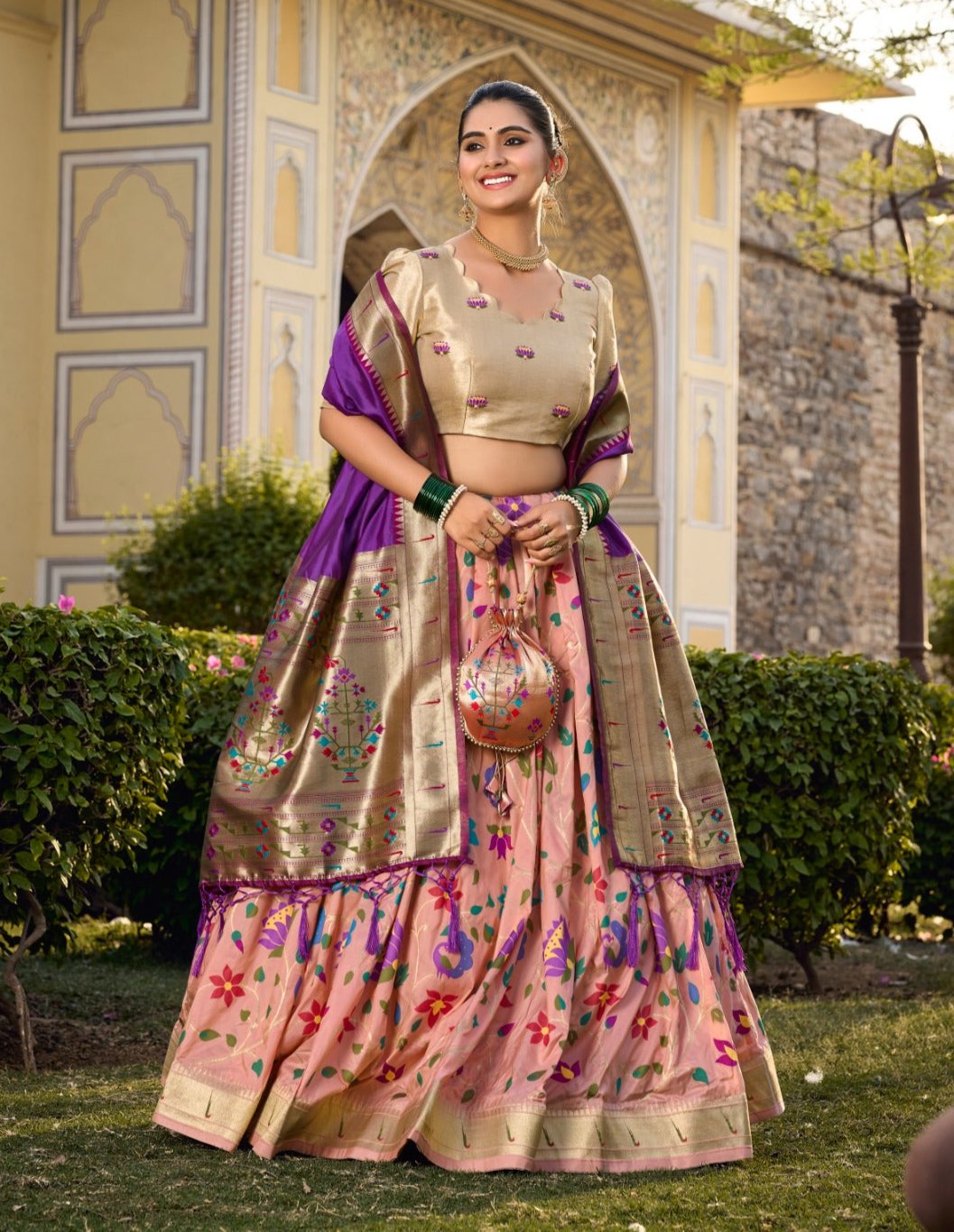 Enamoring Peach Jacquard Silk Weaving Zari Worked Lehenga Choli - INDIAN ELEGANCE