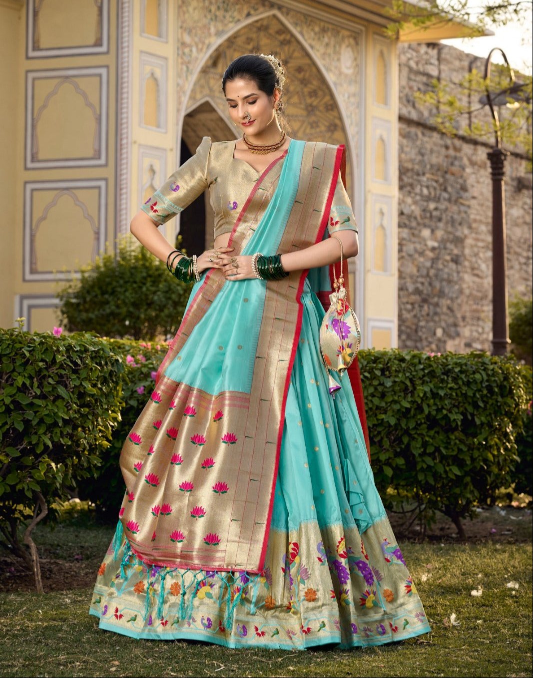 Winsome Sky Blue Jacquard Silk Weaving Zari Worked Lehenga Choli - INDIAN ELEGANCE