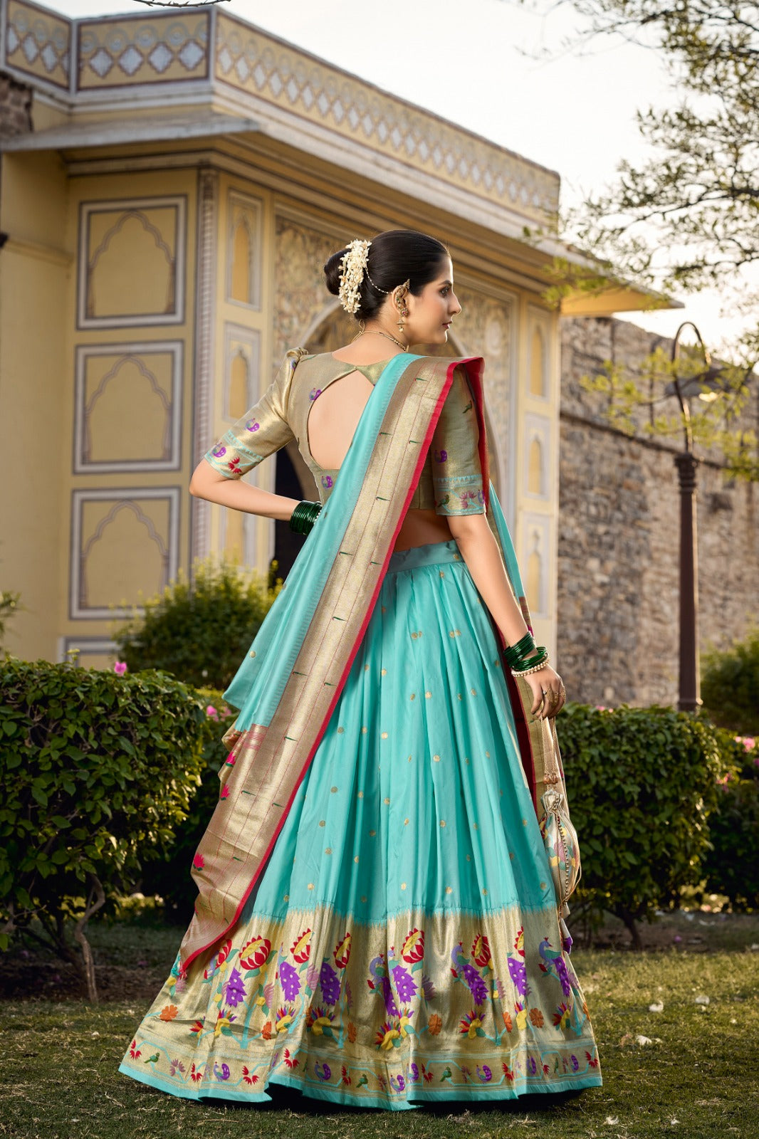 Winsome Sky Blue Jacquard Silk Weaving Zari Worked Lehenga Choli - INDIAN ELEGANCE