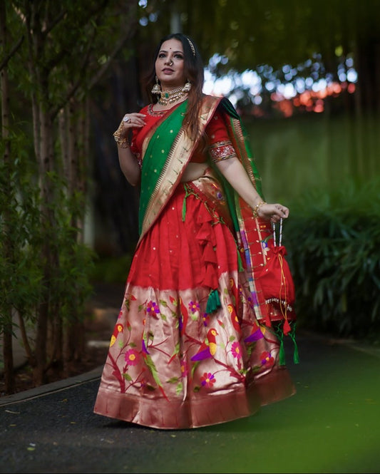 Mesmerizing Red Paithani Silk Zari Weaving Worked Lehenga Set - INDIAN ELEGANCE