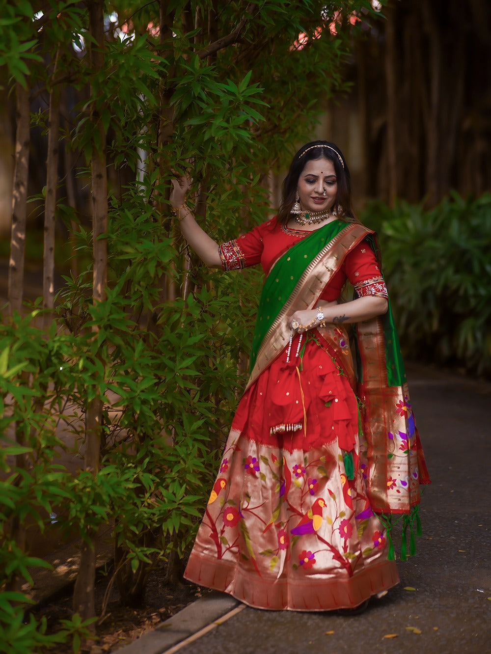 Mesmerizing Red Paithani Silk Zari Weaving Worked Lehenga Set - INDIAN ELEGANCE