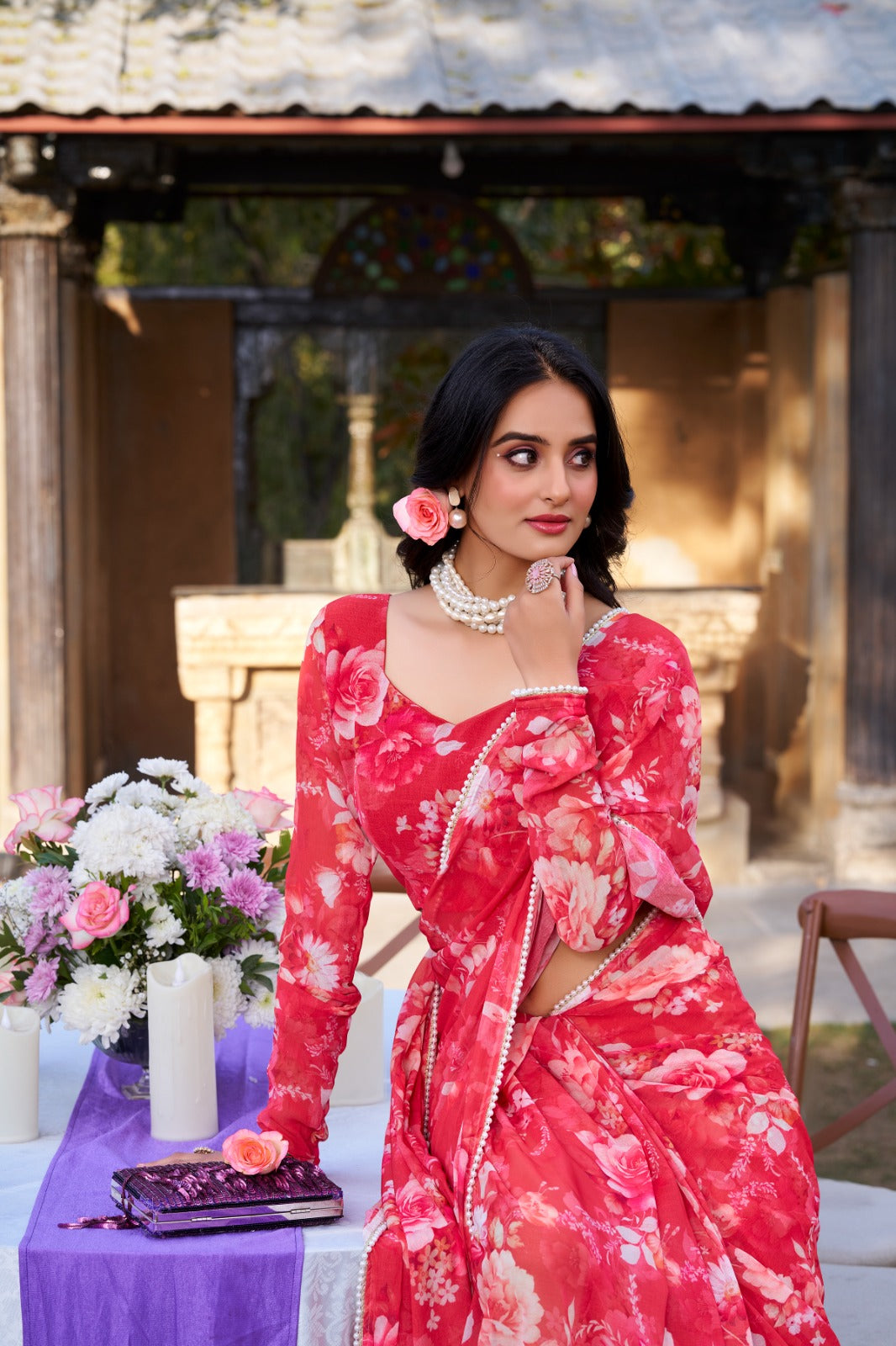 Radiant Georgette Floral Digital Printed Pearl Lace Worked Saree