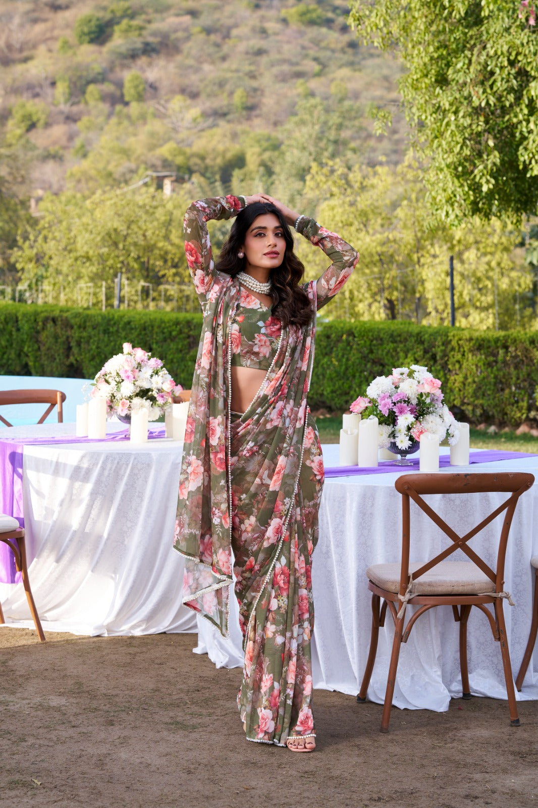 Radiant Georgette Floral Digital Printed Pearl Lace Worked Saree
