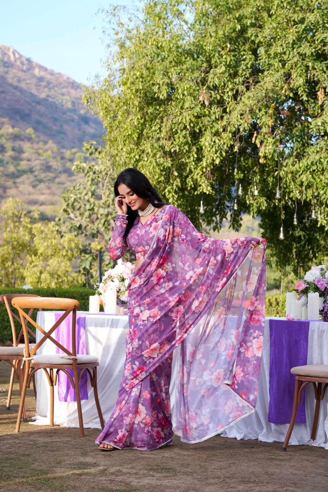Radiant Georgette Floral Digital Printed Pearl Lace Worked Saree