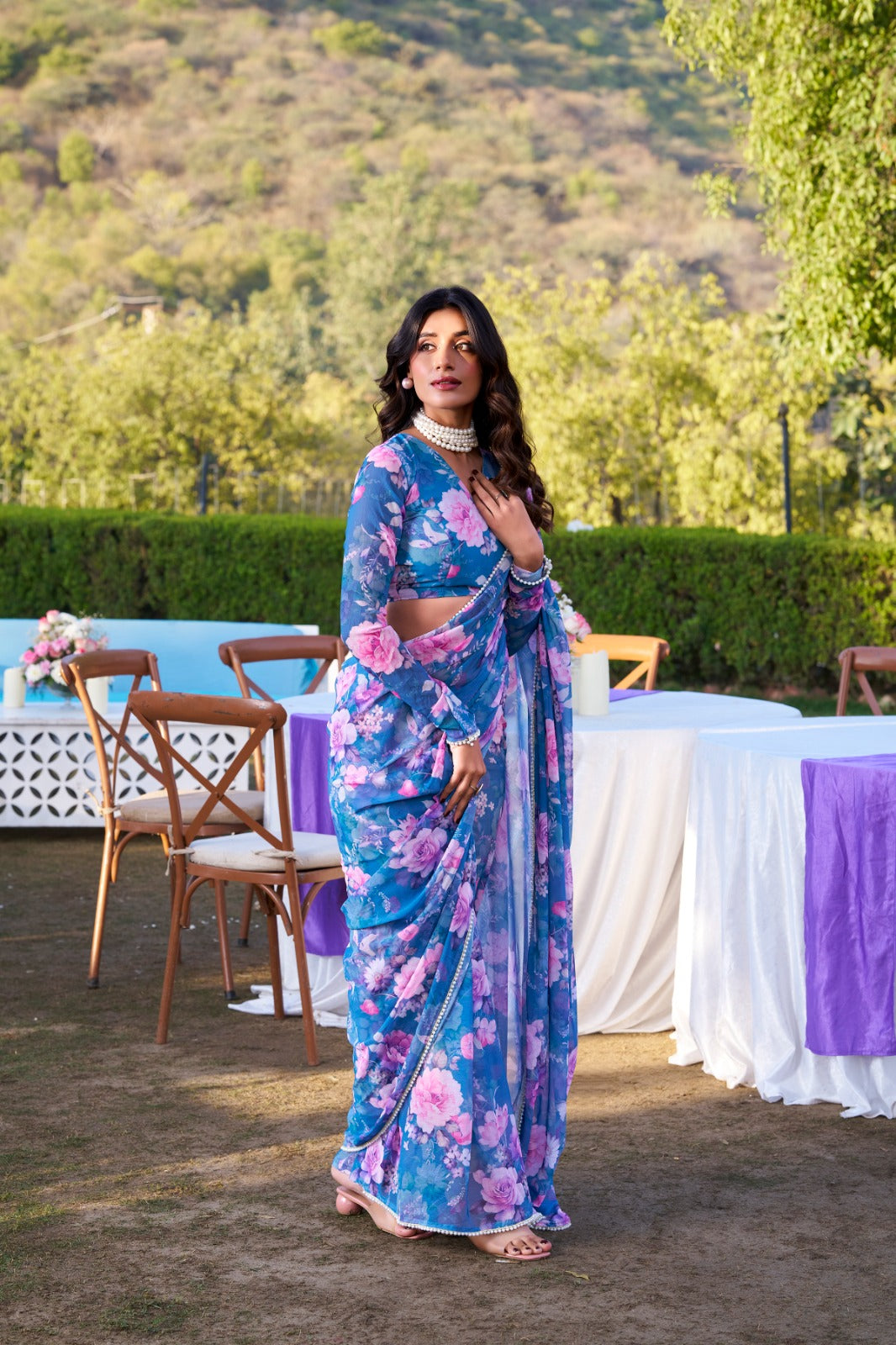 Radiant Georgette Floral Digital Printed Pearl Lace Worked Saree