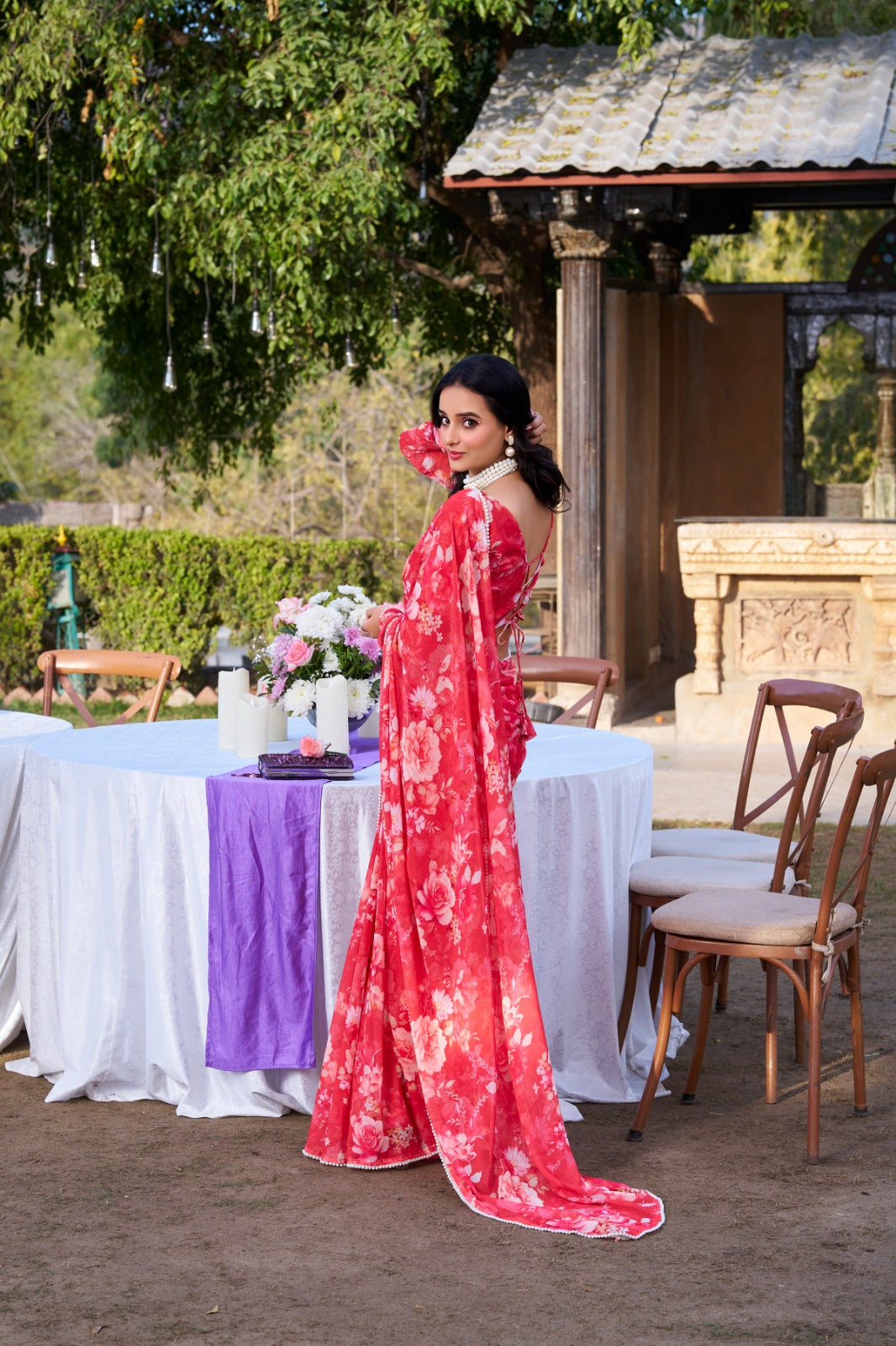 Radiant Georgette Floral Digital Printed Pearl Lace Worked Saree
