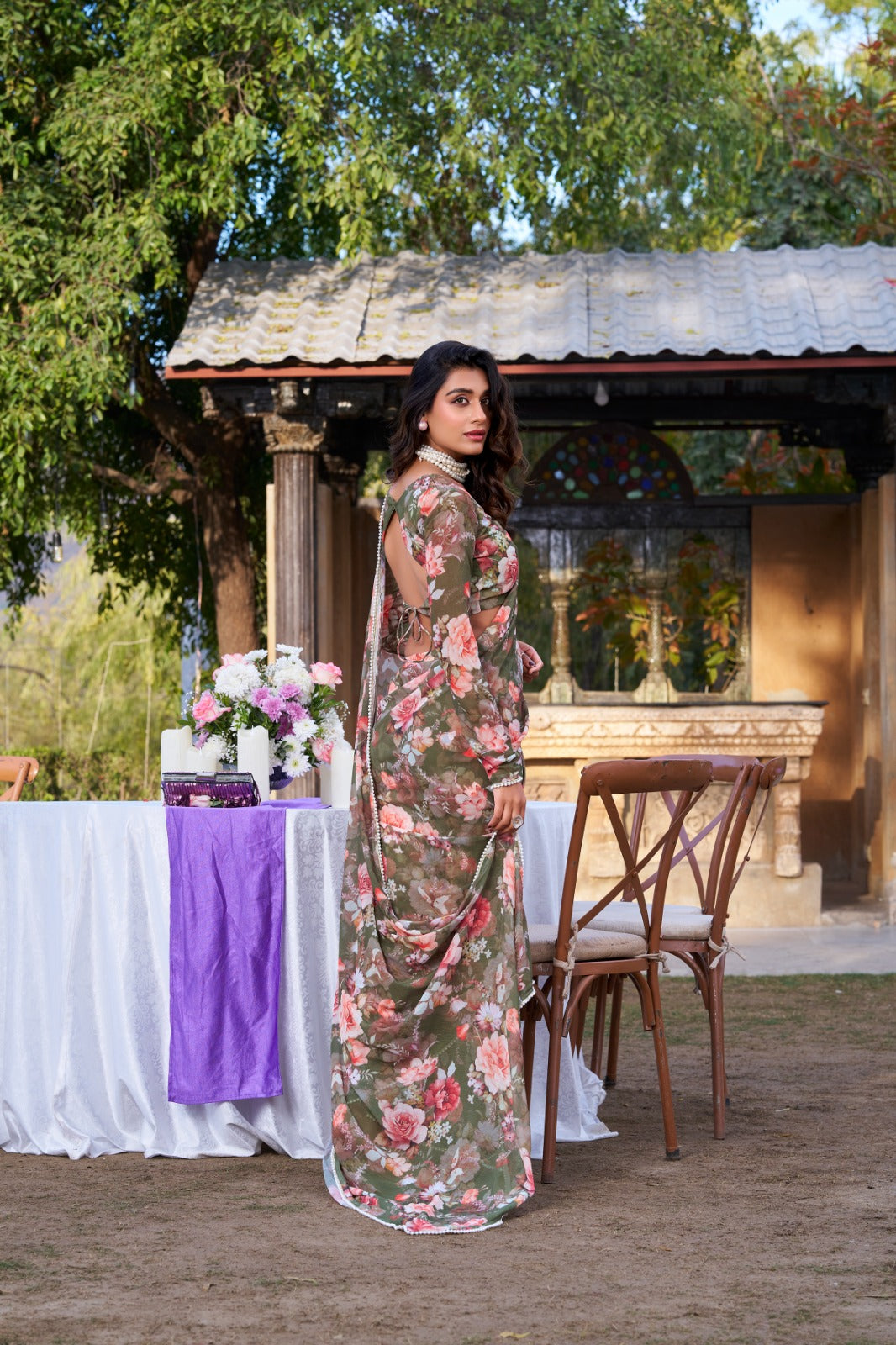 Radiant Georgette Floral Digital Printed Pearl Lace Worked Saree
