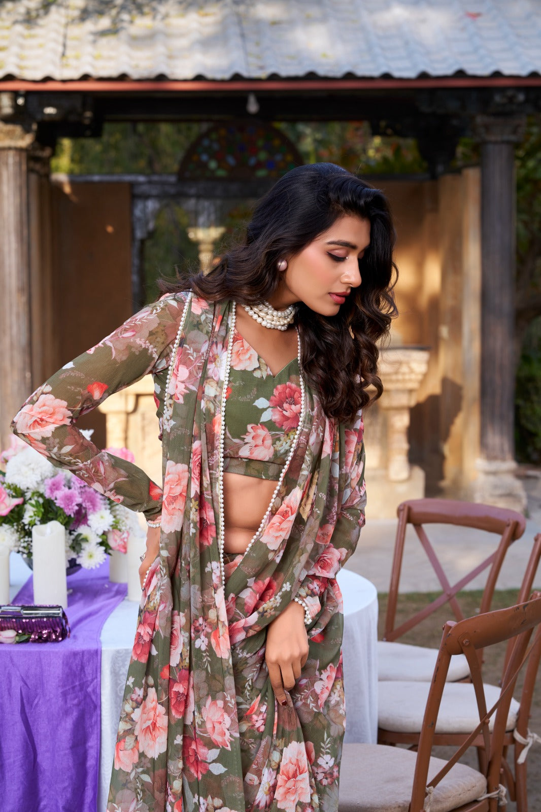 Radiant Georgette Floral Digital Printed Pearl Lace Worked Saree