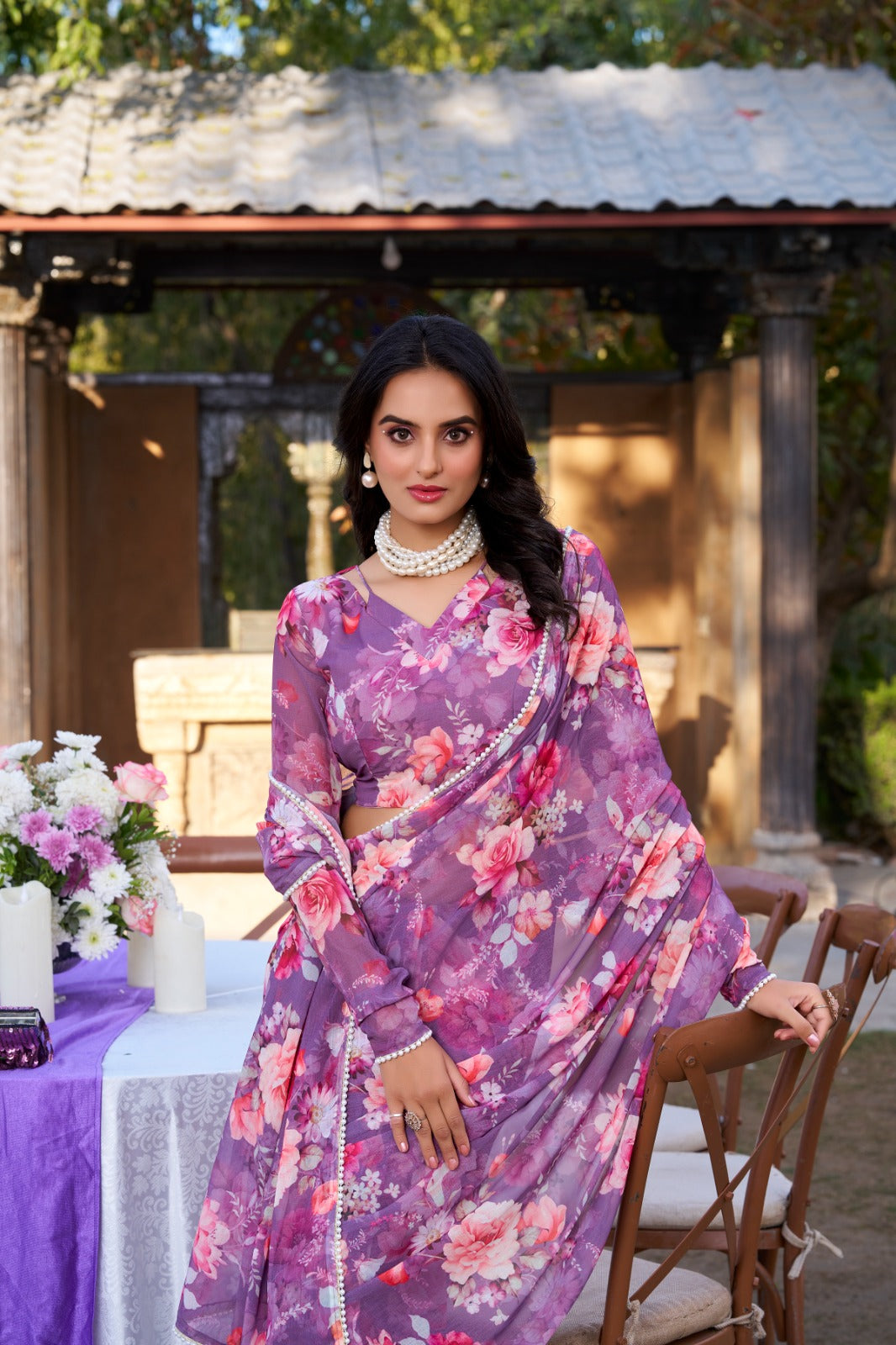 Radiant Georgette Floral Digital Printed Pearl Lace Worked Saree