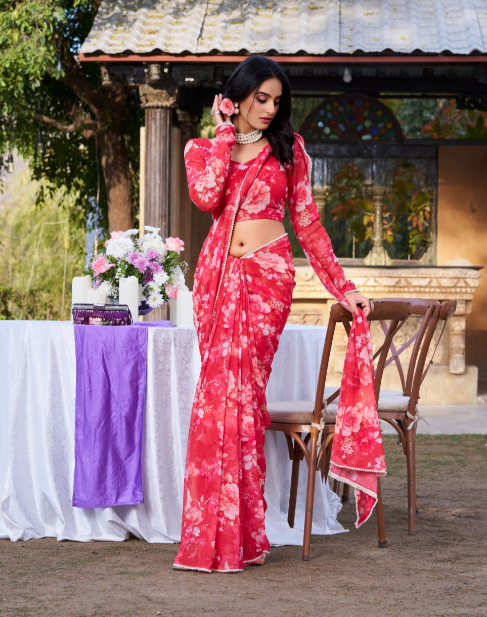 Radiant Georgette Floral Digital Printed Pearl Lace Worked Saree