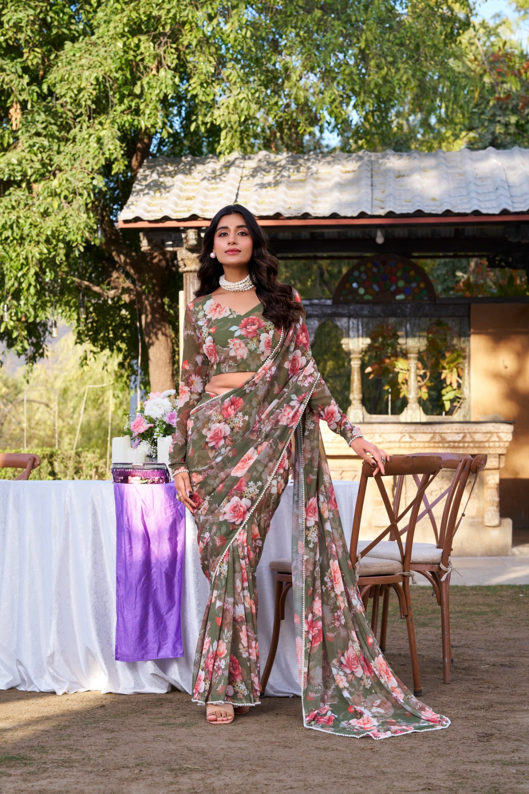 Radiant Georgette Floral Digital Printed Pearl Lace Worked Saree