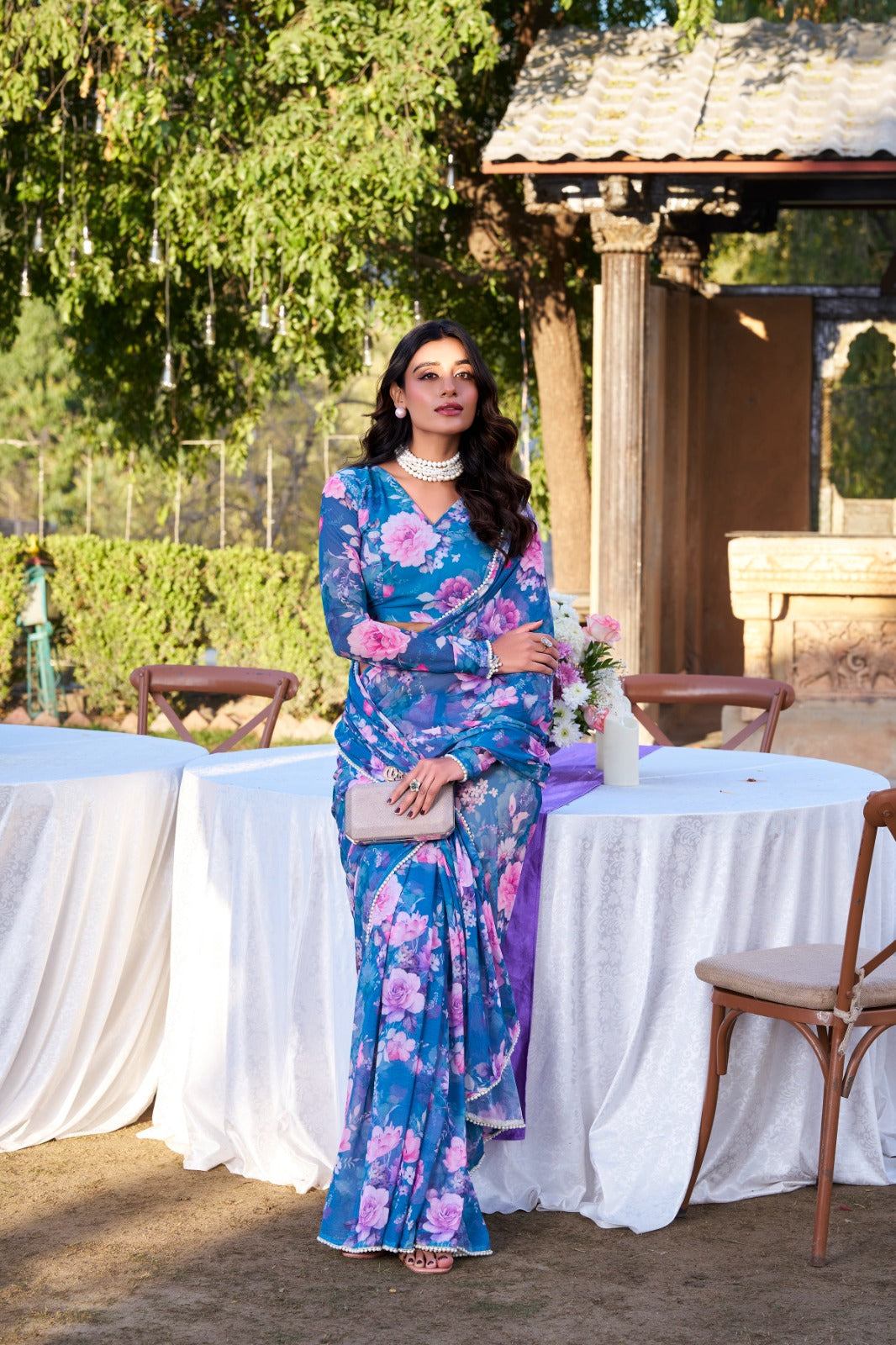 Radiant Georgette Floral Digital Printed Pearl Lace Worked Saree