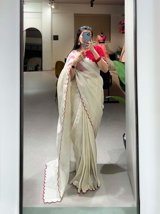 Resplendent White Manipuri Tussar Arca Worked Saree With Handworked Blouse - INDIAN ELEGANCE