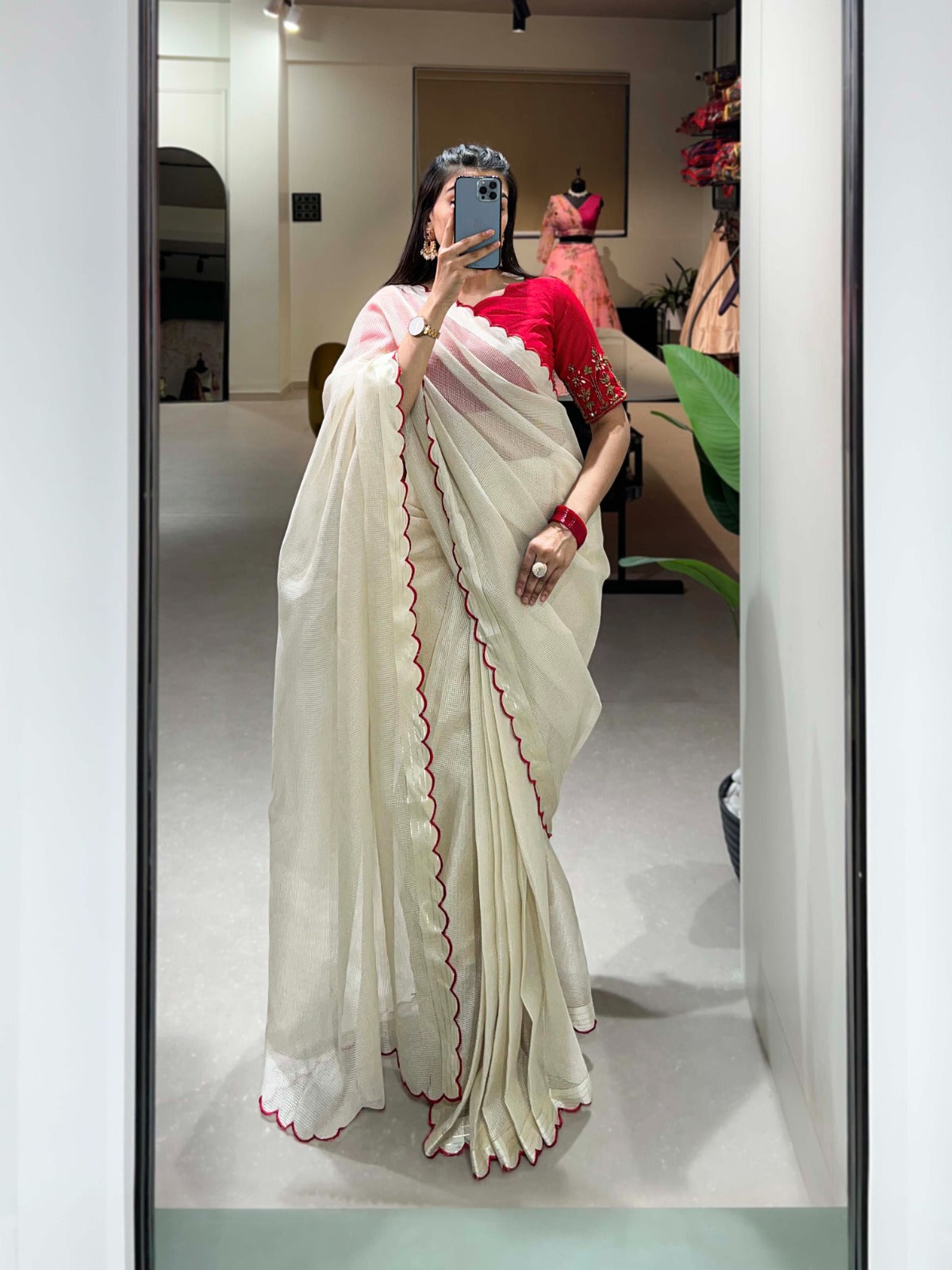 Resplendent White Manipuri Tussar Arca Worked Saree With Handworked Blouse - INDIAN ELEGANCE