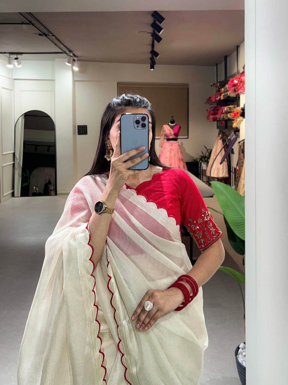 Resplendent White Manipuri Tussar Arca Worked Saree With Handworked Blouse - INDIAN ELEGANCE