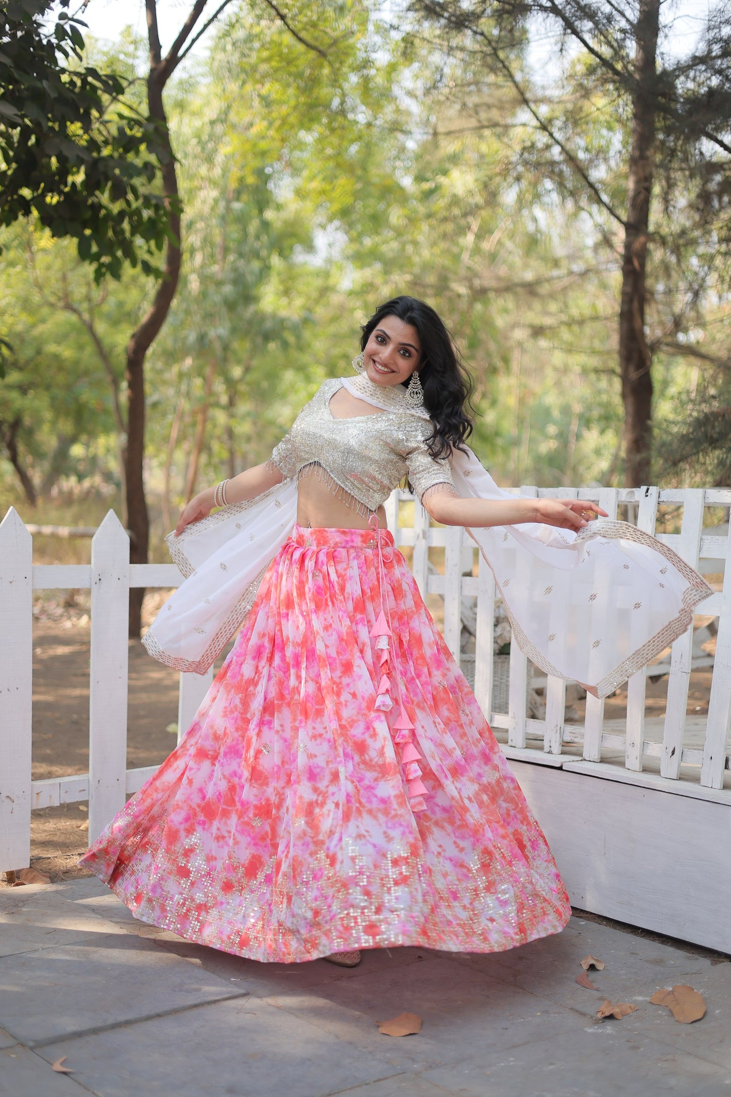 Spectacular Faux Georgette Floral Printed Sequins Embroidered Lehenga Choli - INDIAN ELEGANCE