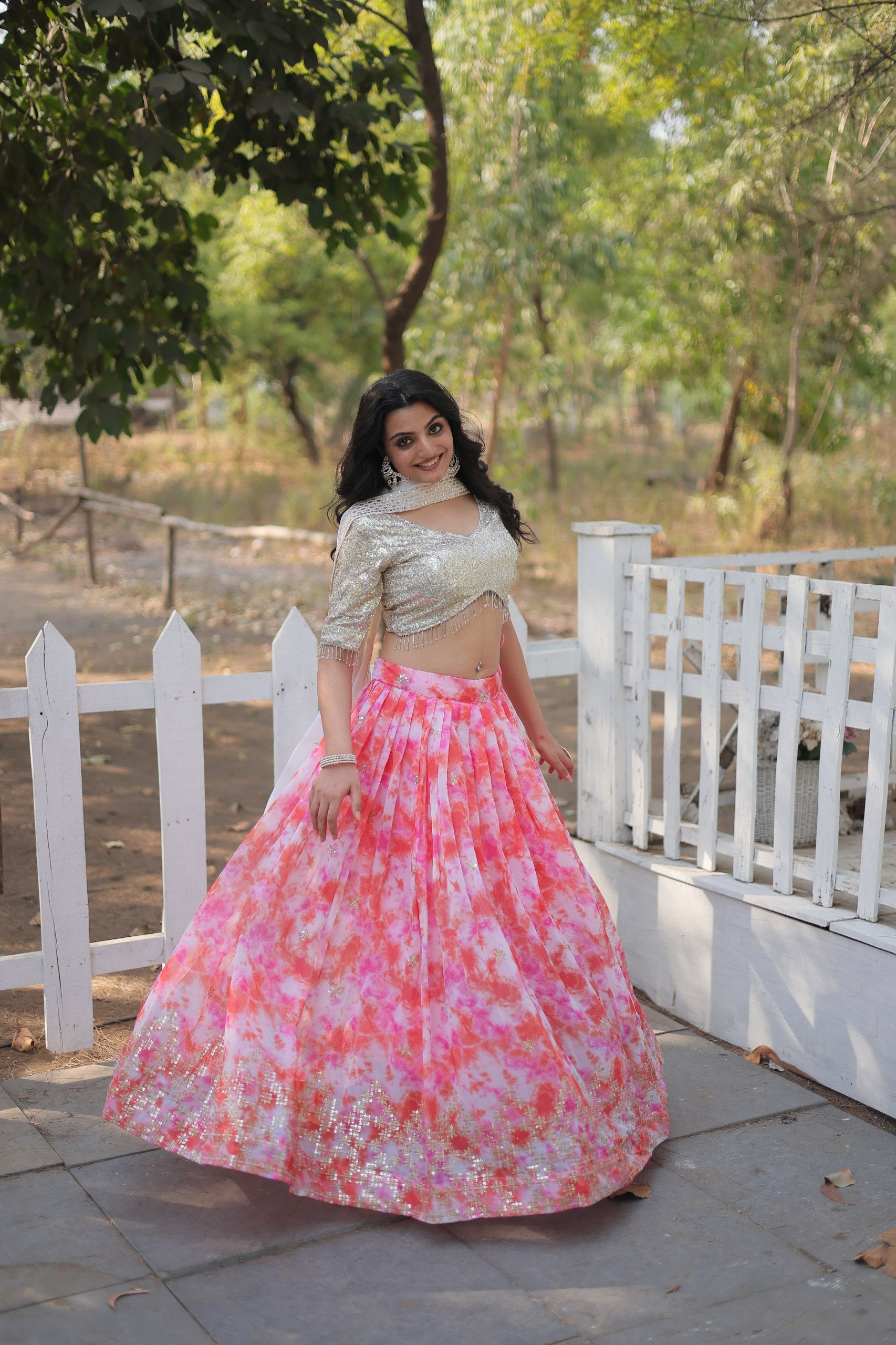 Spectacular Faux Georgette Floral Printed Sequins Embroidered Lehenga Choli - INDIAN ELEGANCE
