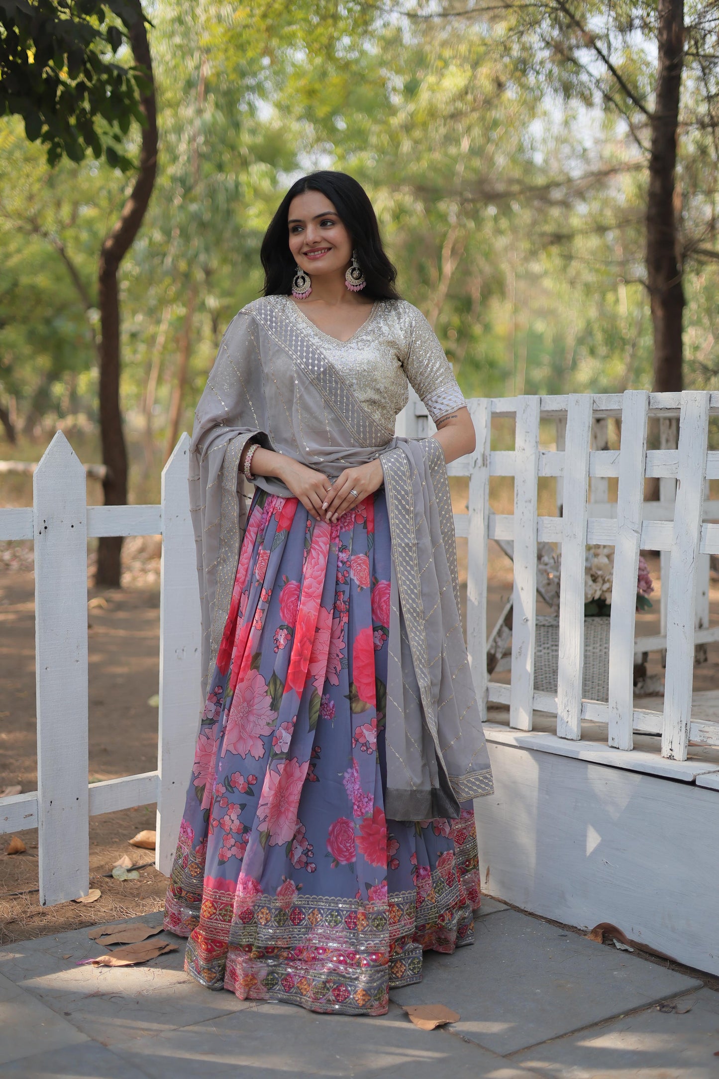 Elegant Faux Georgette Floral Printed Sequins Embroidered Lehenga Choli - INDIAN ELEGANCE
