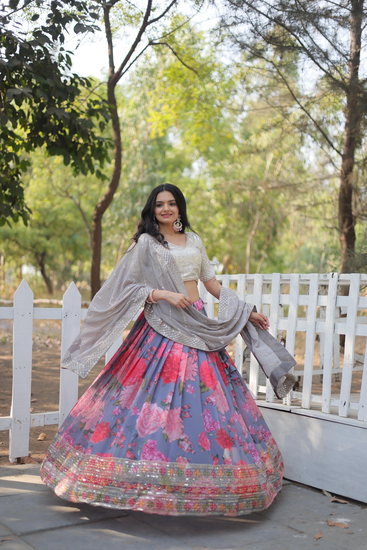 Elegant Faux Georgette Floral Printed Sequins Embroidered Lehenga Choli - INDIAN ELEGANCE