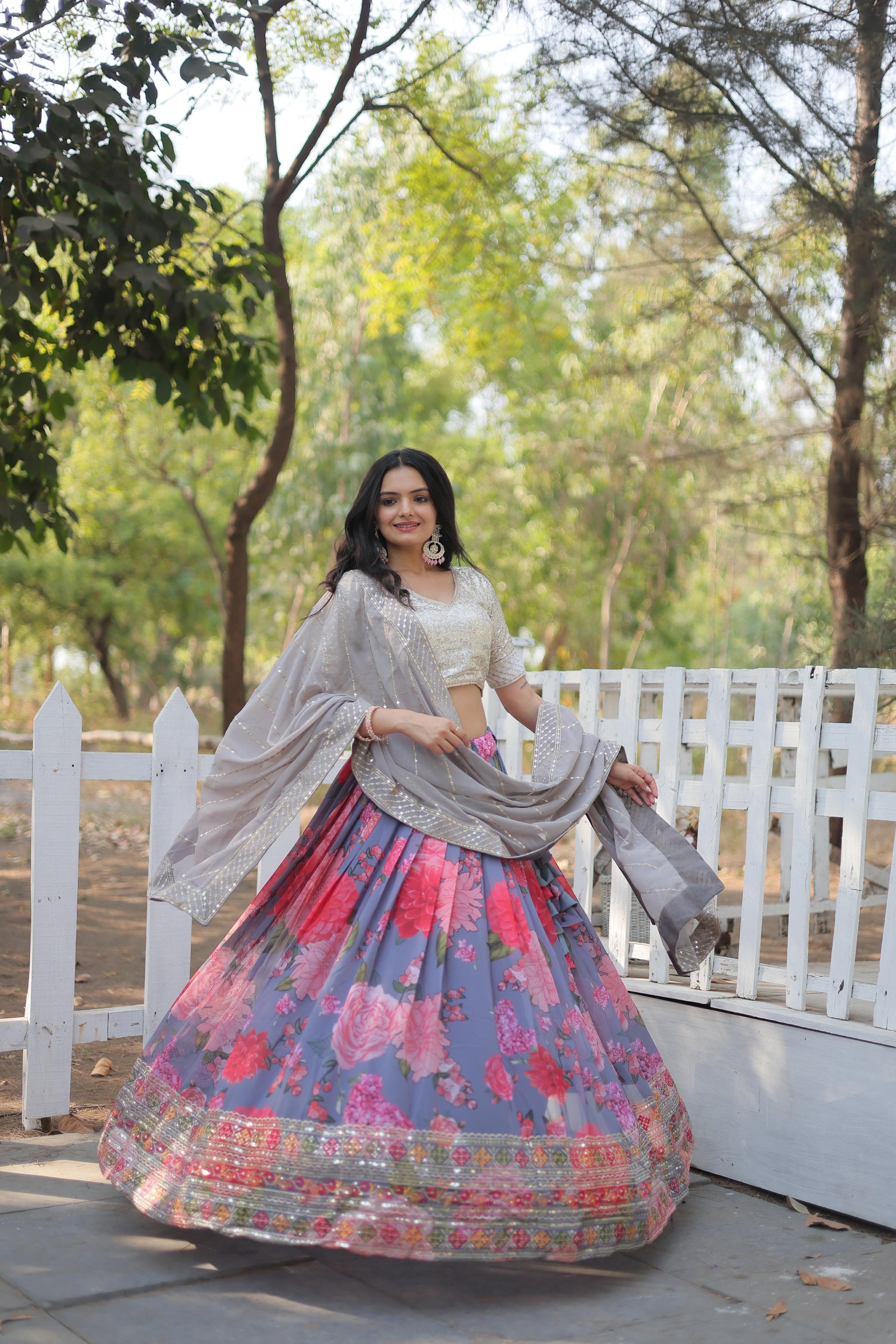 Elegant Faux Georgette Floral Printed Sequins Embroidered Lehenga Choli - INDIAN ELEGANCE
