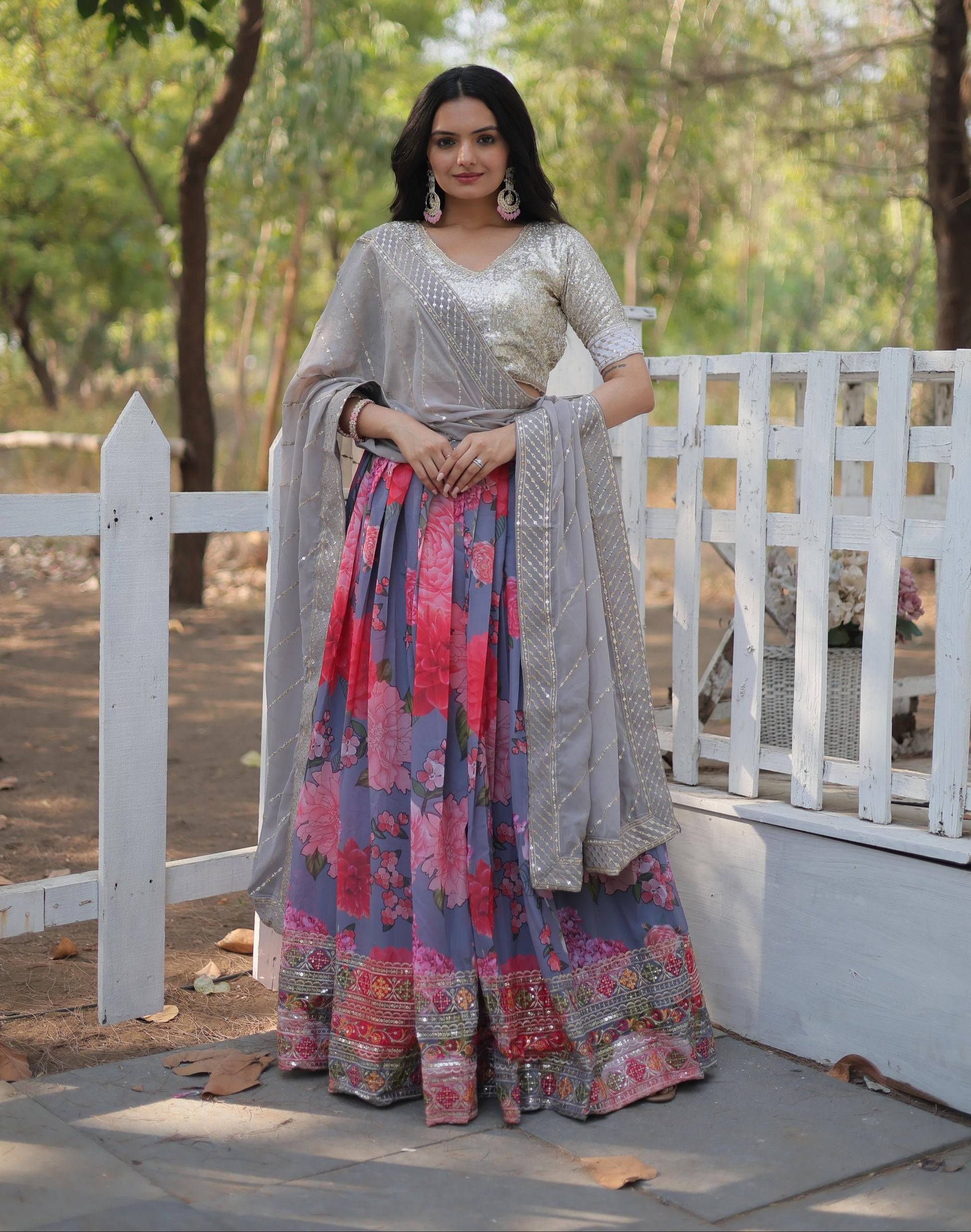 Elegant Faux Georgette Floral Printed Sequins Embroidered Lehenga Choli - INDIAN ELEGANCE