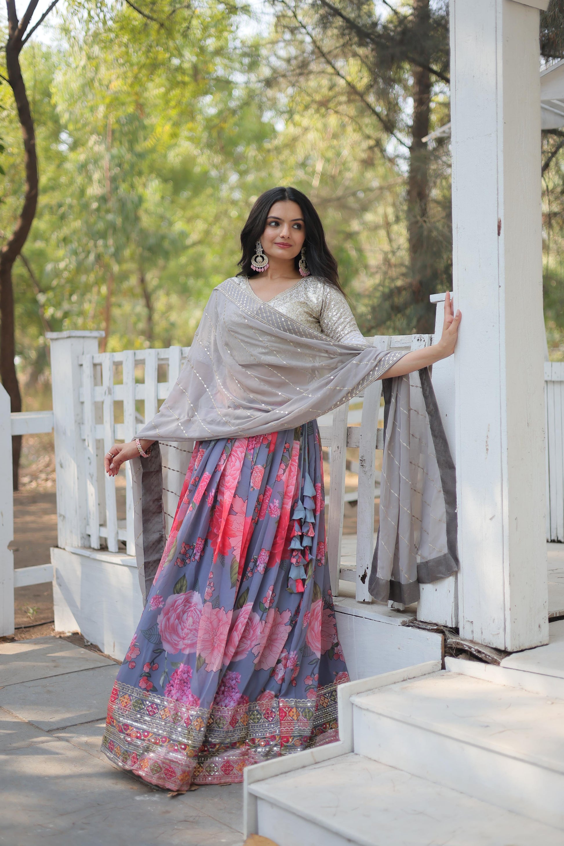 Elegant Faux Georgette Floral Printed Sequins Embroidered Lehenga Choli - INDIAN ELEGANCE