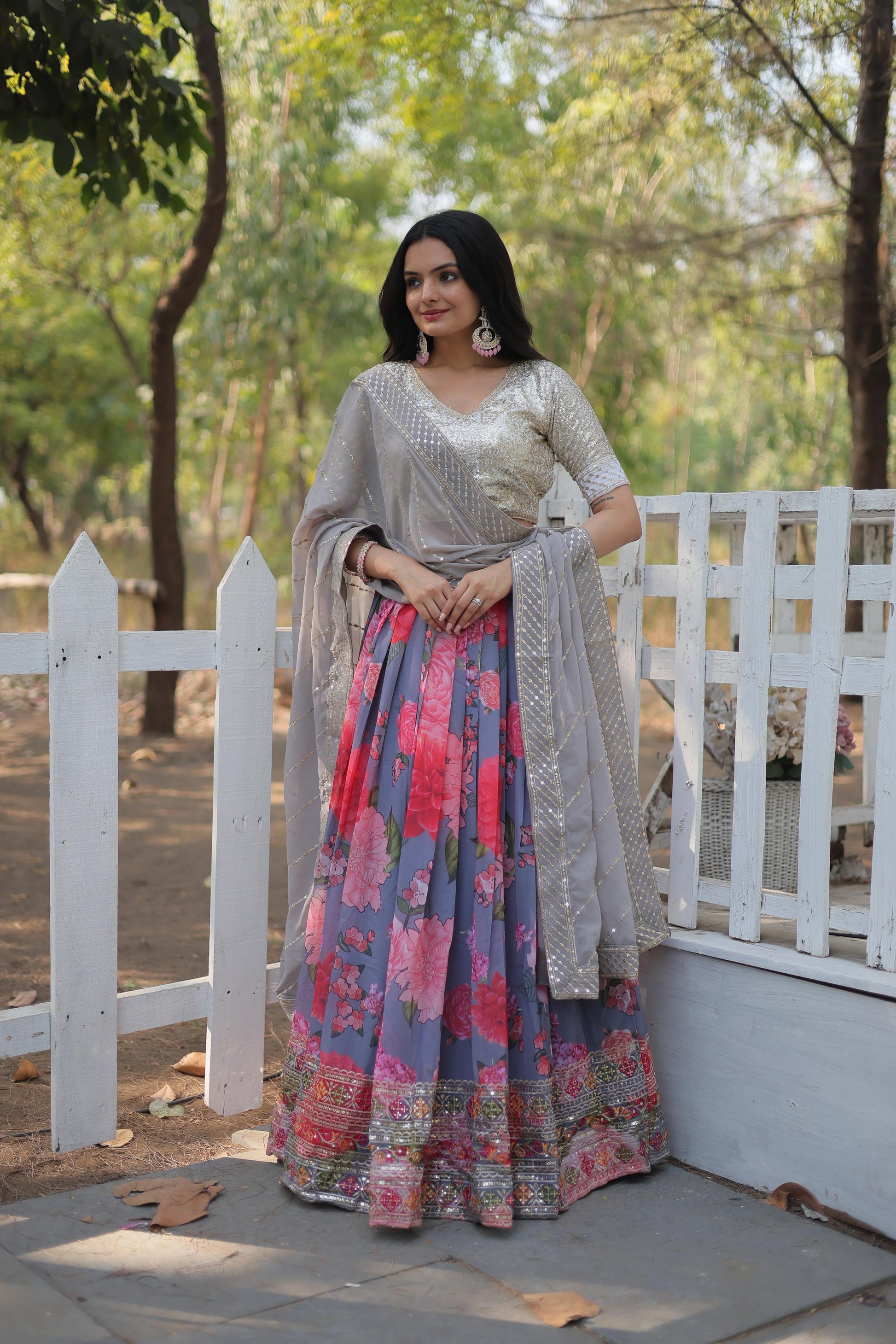 Elegant Faux Georgette Floral Printed Sequins Embroidered Lehenga Choli - INDIAN ELEGANCE