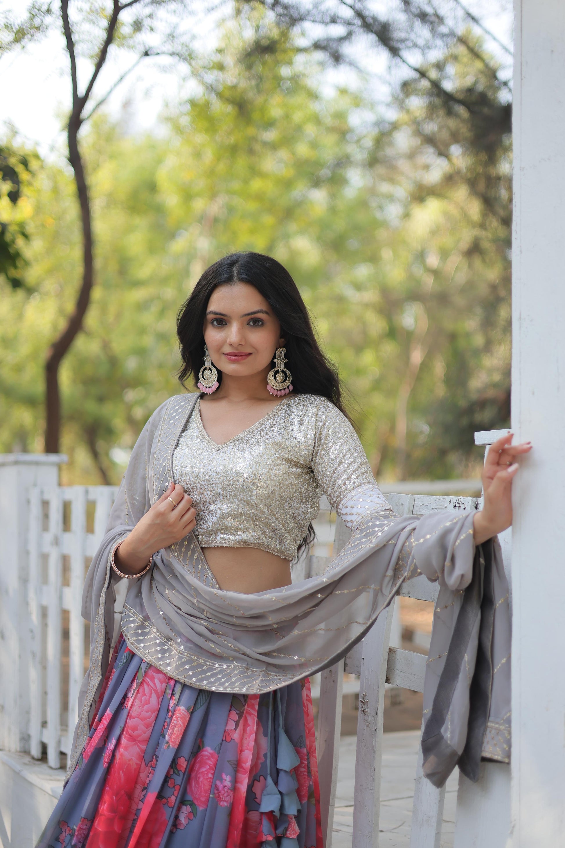 Elegant Faux Georgette Floral Printed Sequins Embroidered Lehenga Choli - INDIAN ELEGANCE