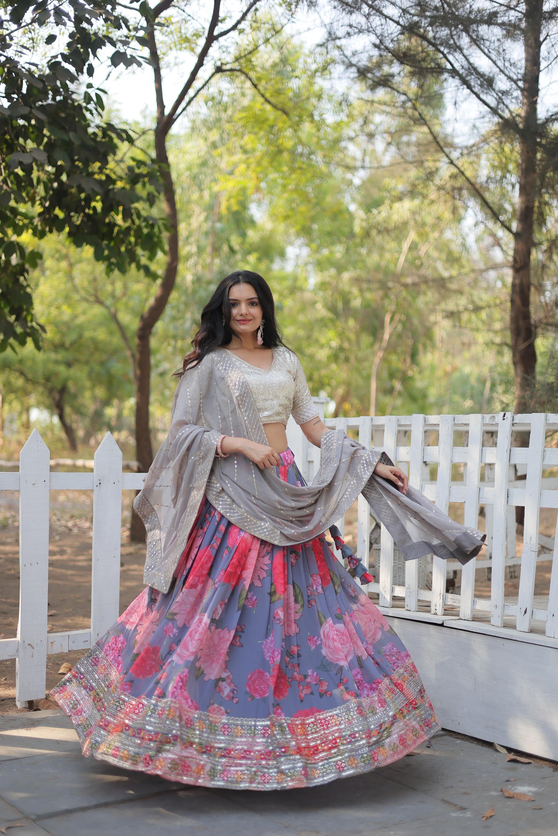 Elegant Faux Georgette Floral Printed Sequins Embroidered Lehenga Choli - INDIAN ELEGANCE