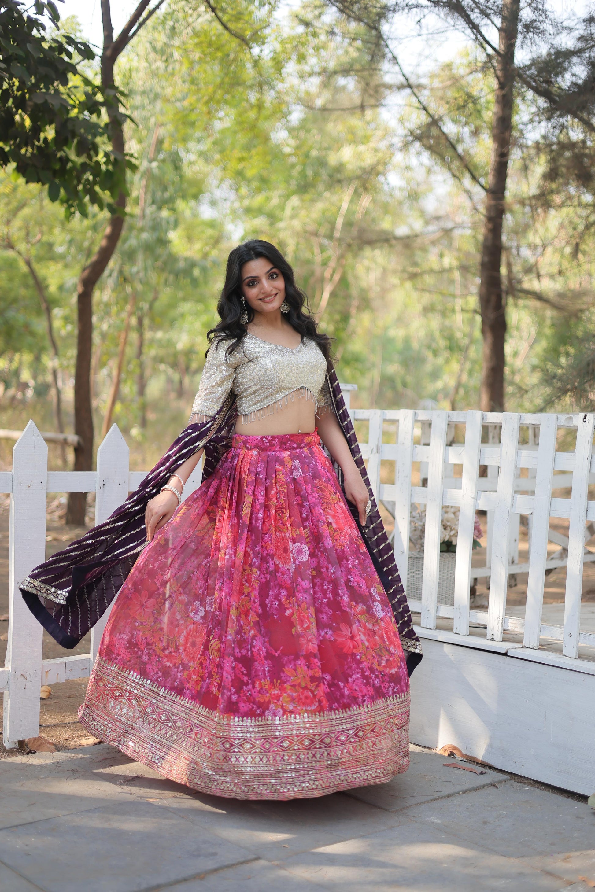 Enchanting Pink Georgette Floral Printed Sequins Embroidered Lehenga Set - INDIAN ELEGANCE