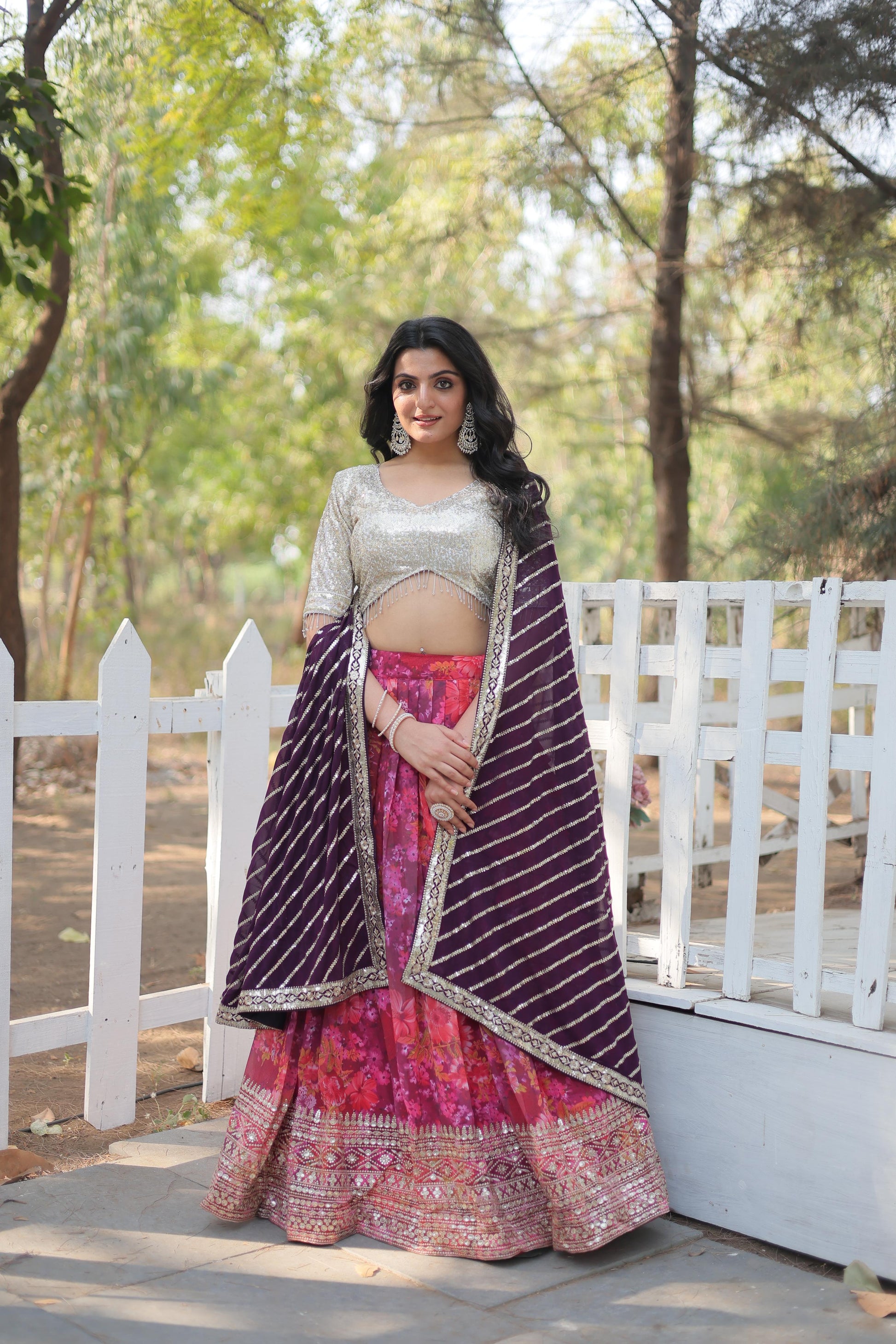 Enchanting Pink Georgette Floral Printed Sequins Embroidered Lehenga Set - INDIAN ELEGANCE