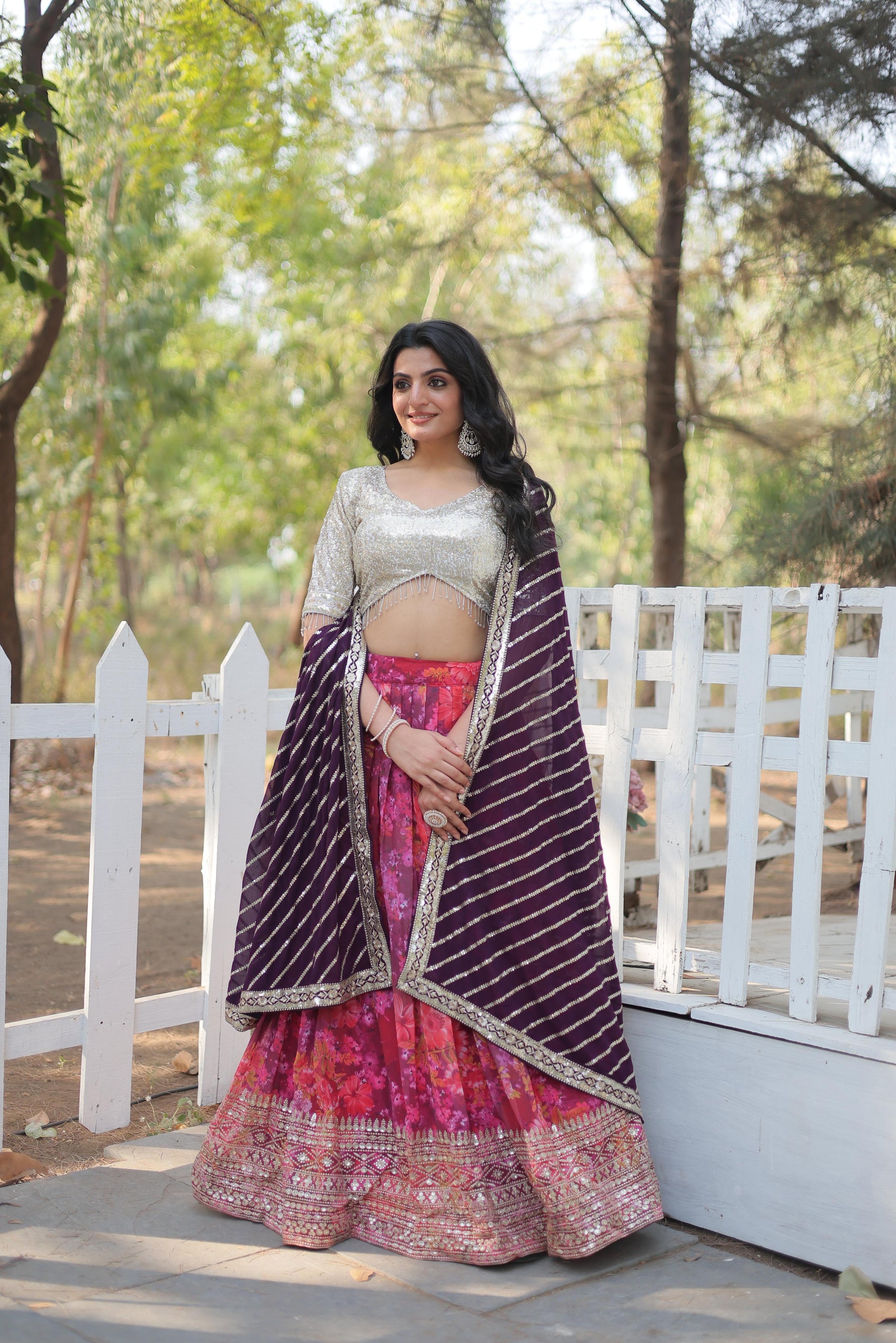 Enchanting Pink Georgette Floral Printed Sequins Embroidered Lehenga Set - INDIAN ELEGANCE