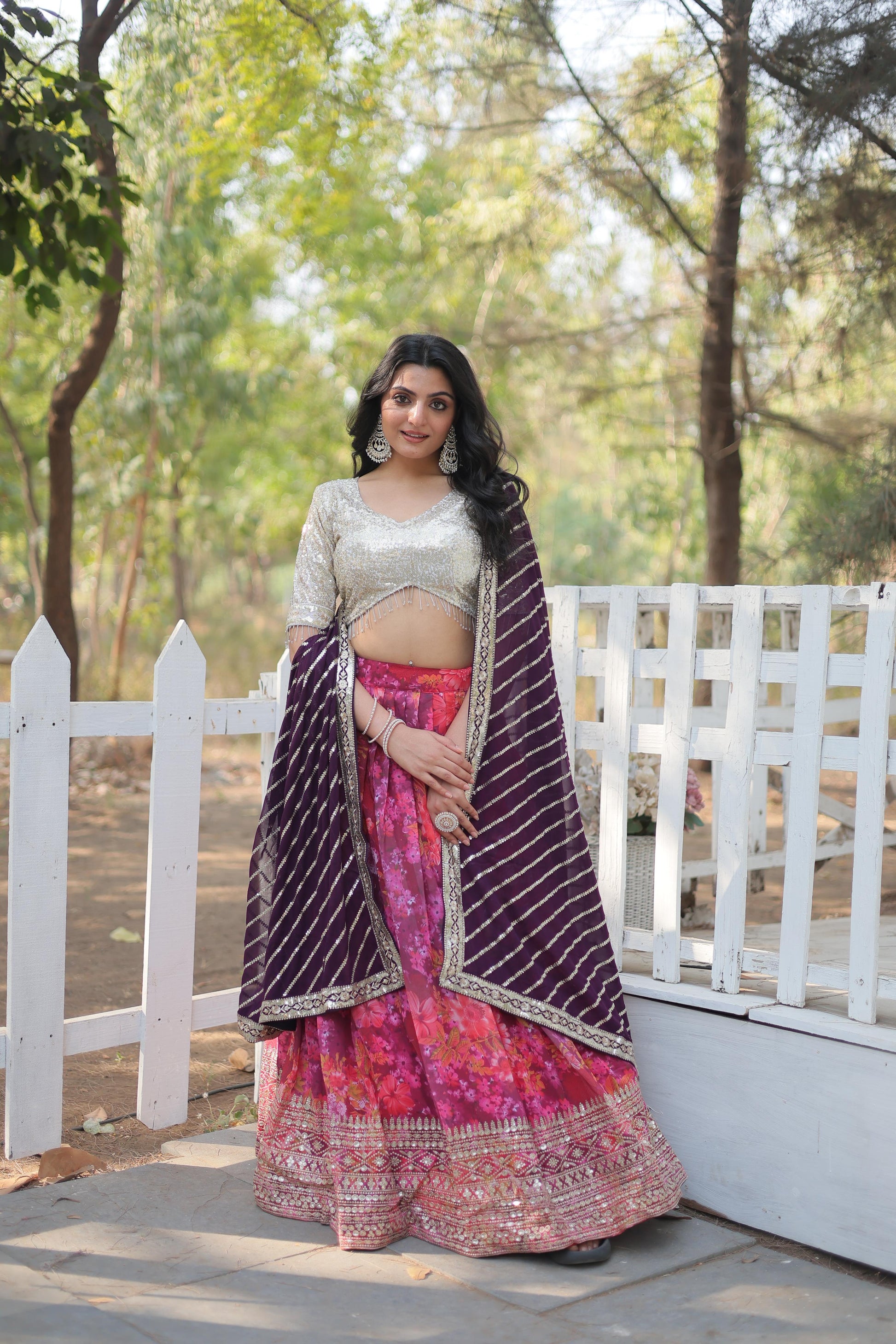 Enchanting Pink Georgette Floral Printed Sequins Embroidered Lehenga Set - INDIAN ELEGANCE