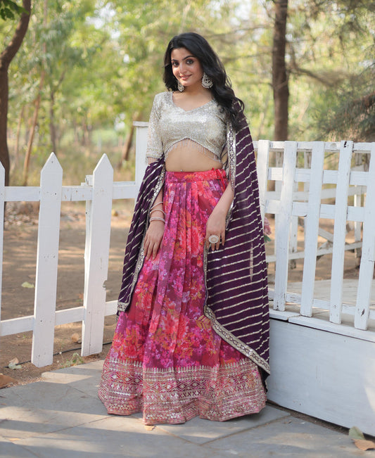 Enchanting Pink Georgette Floral Printed Sequins Embroidered Lehenga Set - INDIAN ELEGANCE