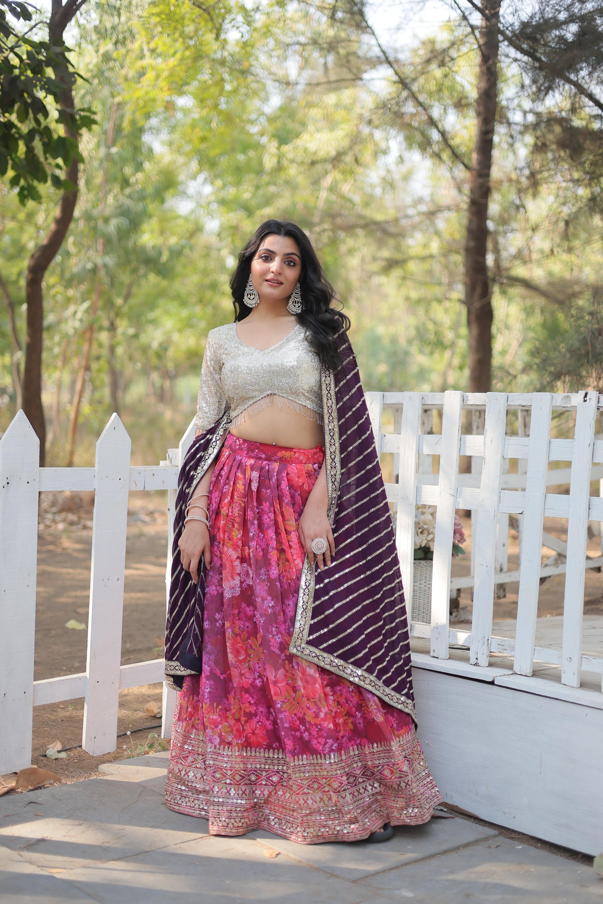 Enchanting Pink Georgette Floral Printed Sequins Embroidered Lehenga Set - INDIAN ELEGANCE