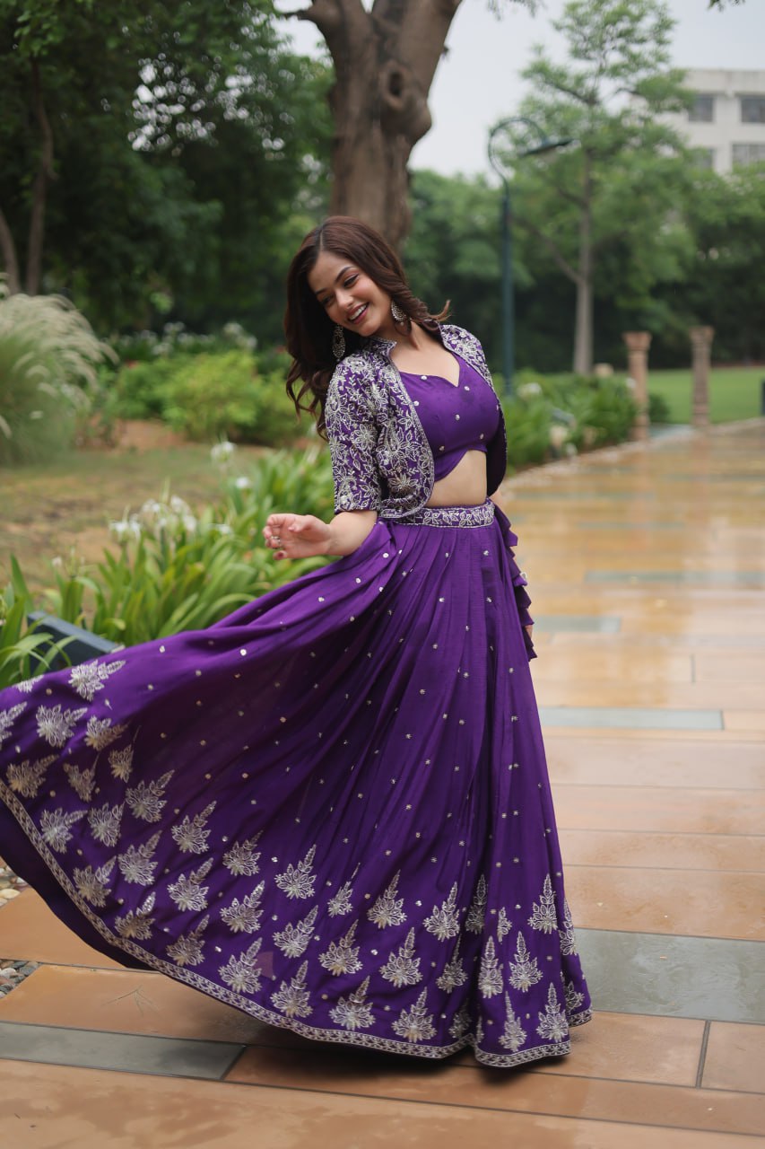Ravishing Purple Pure Chinon Sequins Embroidered Top Koti Lehenga Set - INDIAN ELEGANCE