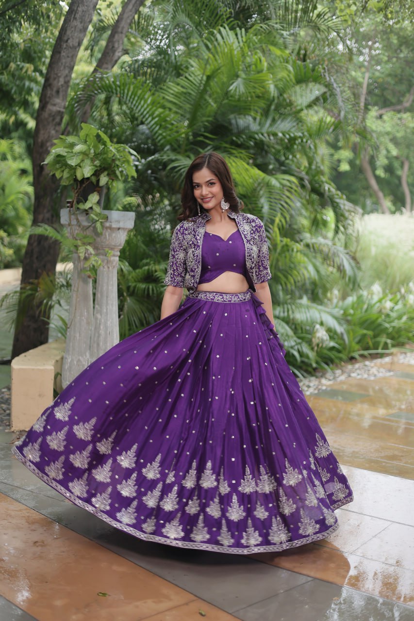 Ravishing Purple Pure Chinon Sequins Embroidered Top Koti Lehenga Set - INDIAN ELEGANCE