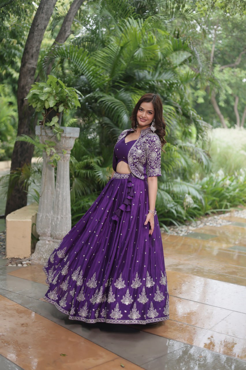 Ravishing Purple Pure Chinon Sequins Embroidered Top Koti Lehenga Set - INDIAN ELEGANCE