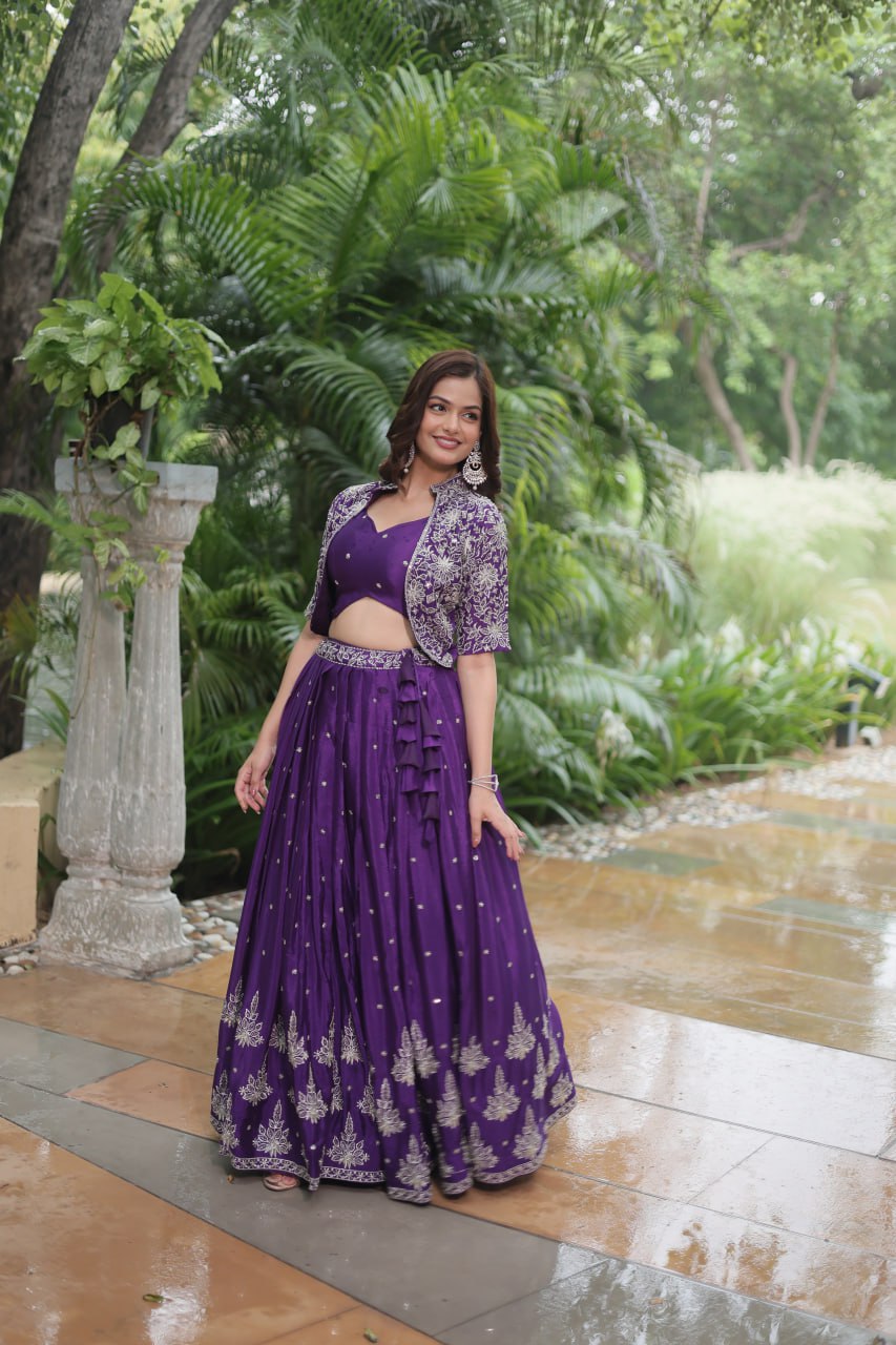 Ravishing Purple Pure Chinon Sequins Embroidered Top Koti Lehenga Set - INDIAN ELEGANCE