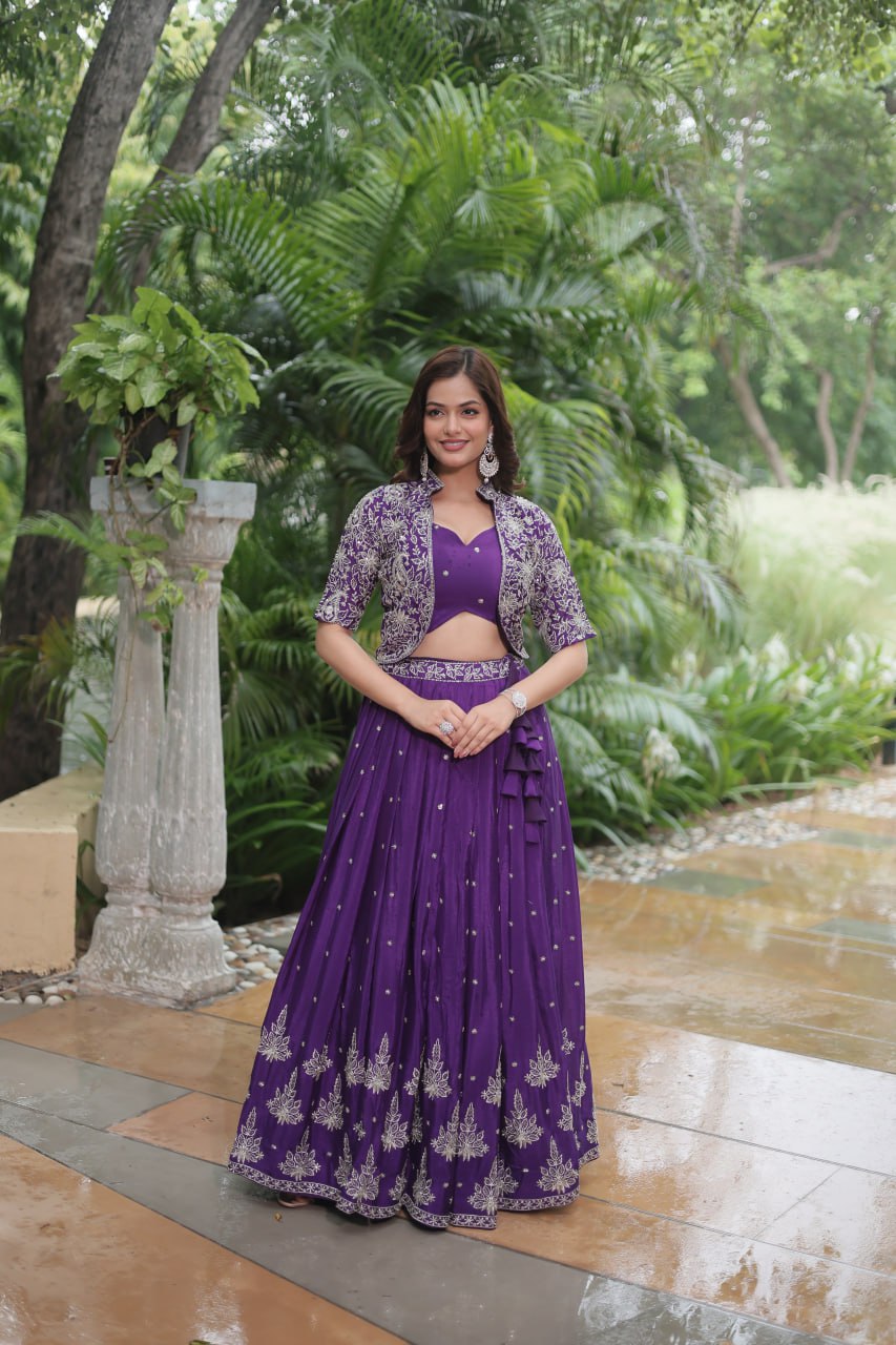 Ravishing Purple Pure Chinon Sequins Embroidered Top Koti Lehenga Set - INDIAN ELEGANCE