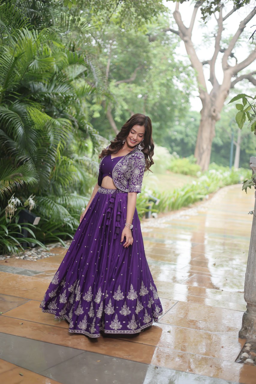 Ravishing Purple Pure Chinon Sequins Embroidered Top Koti Lehenga Set - INDIAN ELEGANCE
