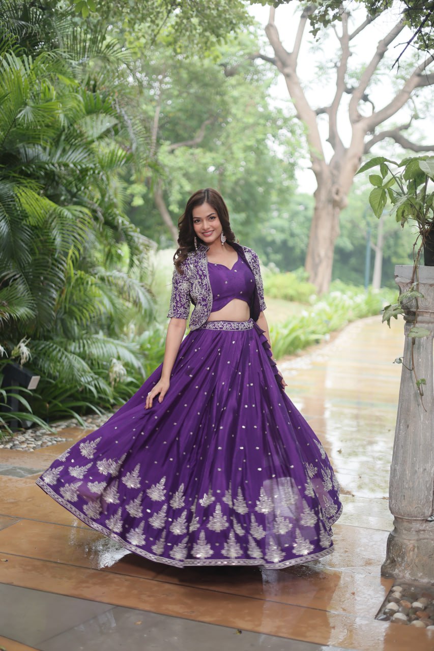 Ravishing Purple Pure Chinon Sequins Embroidered Top Koti Lehenga Set - INDIAN ELEGANCE